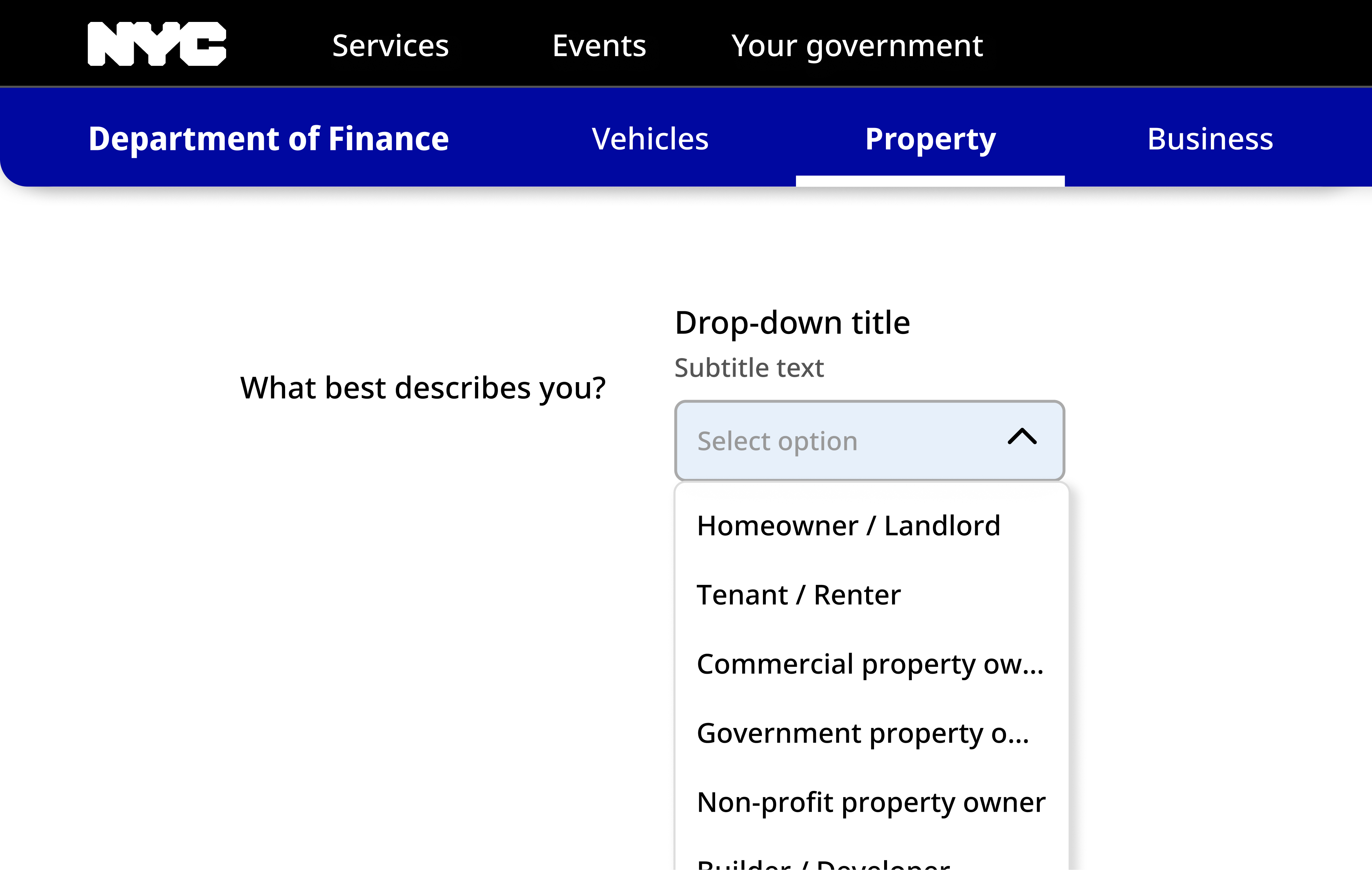 NYC webpage with the question what best describes you? To the right of this is an open drop-down menu, with six options visible.